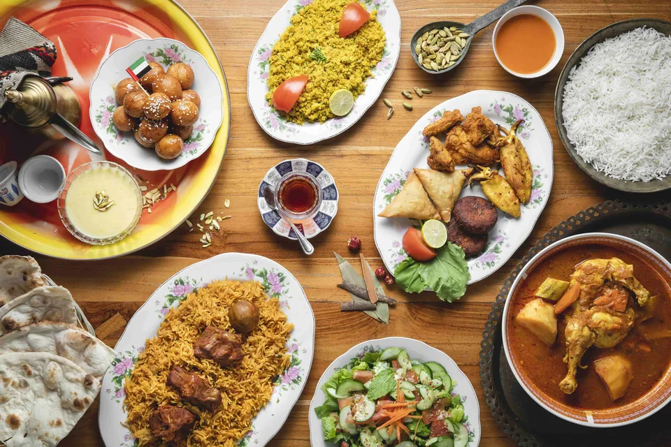 Emirati dishes laid out on a table, seen from above