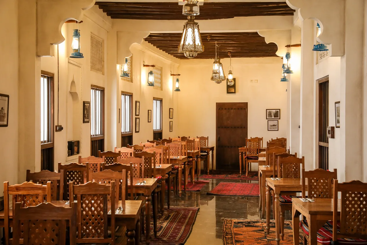 The Al Fanar dining room at Yas Mall, with lanterns and a wooden ceiling